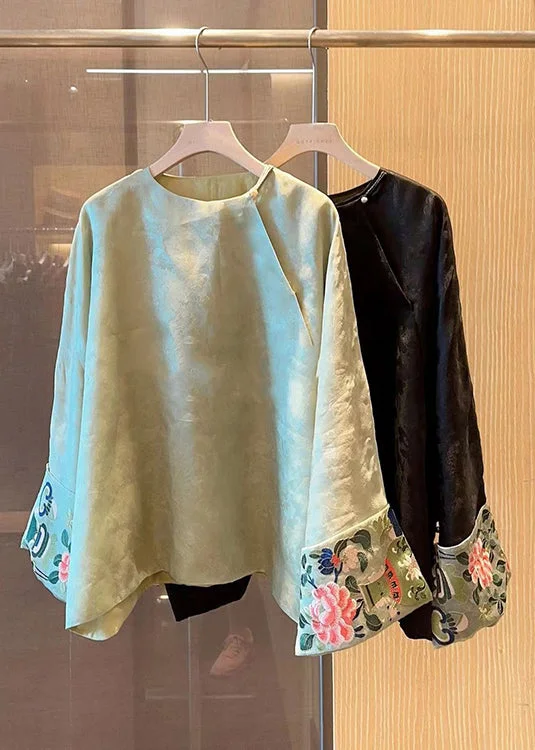 Chinese Style Green Embroideried Patchwork Silk Shirts Fall