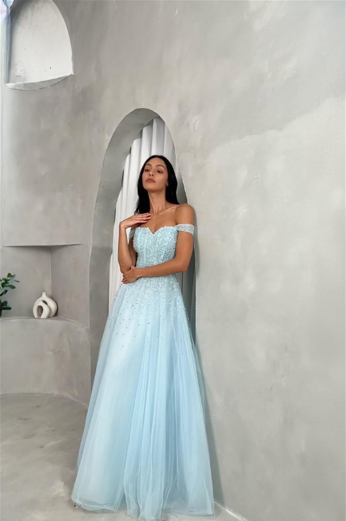 Lussooy Stunning Tulle Off the Shoulder Sky Blue A Line Prom Dress with Beadings 