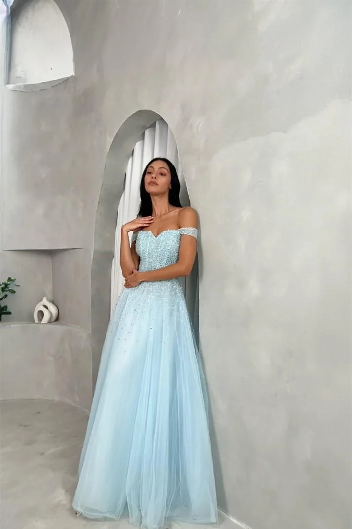 Miabel Stunning Sky Blue Tulle Strapless Off the Shoulder Long A Line Prom Dress with Beadings 