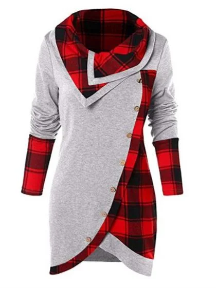 Women Long Sleeve Scoop Neck Plaid Stitching Button Top