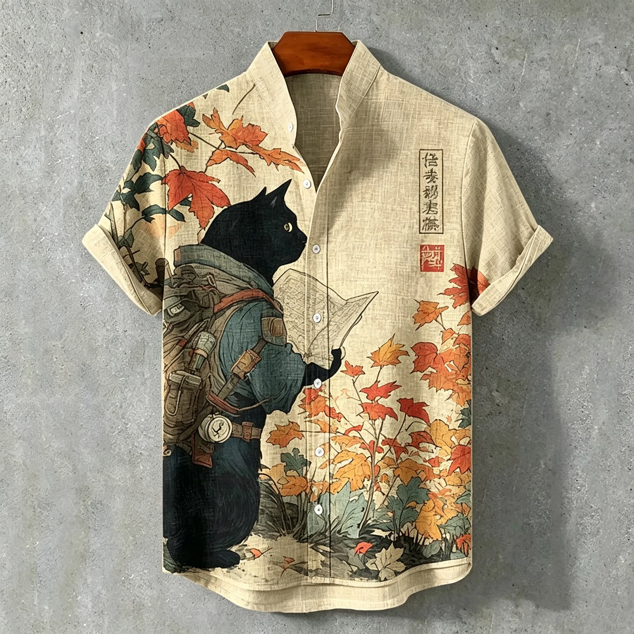 Men's Casual Art Retro Cat Print Short-sleeve Cotton Linen Shirt  artssus