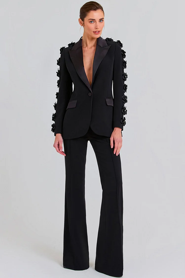 3D Floral Peak Lapel Blazer Two Piece Pant Suit-Black