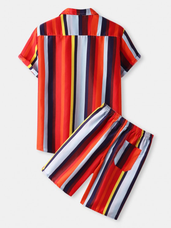 Colored Striped Front Pocket Shirt And Drawstring Shorts Set