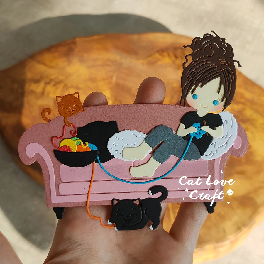 Nigikala Girl knitting on the sofa Metal Cutting Dies Scrapbooking Stencil Die Cuts Card Making Craft Embossing New Dies For 2023