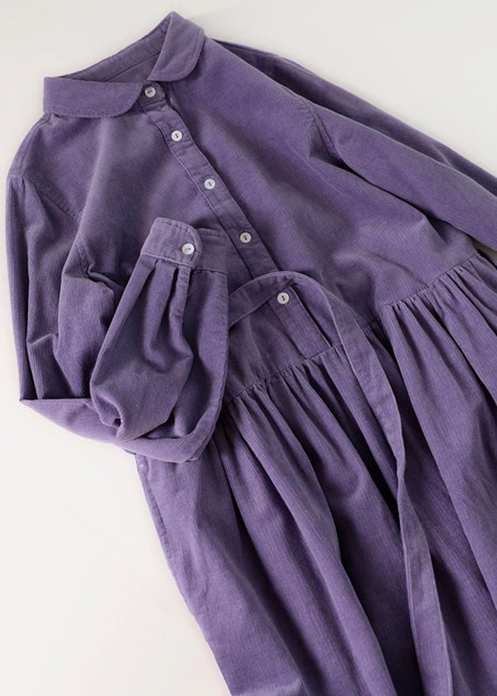 Chic Purple Patchwork Corduroy Shirt Dresses Long Sleeve CK931- Fabulory