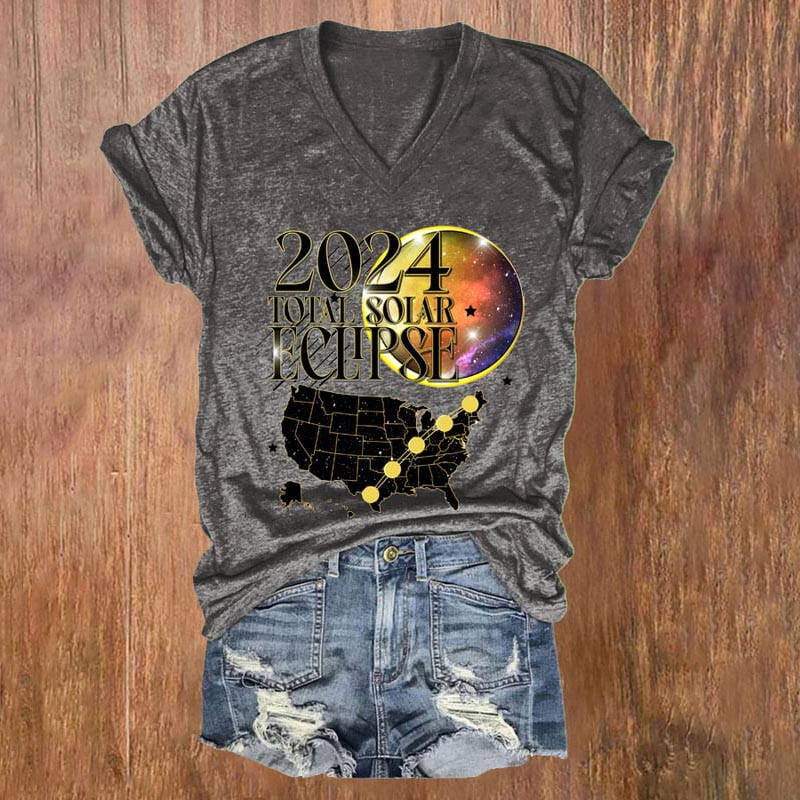 Comstylish Retro 2024 Total Solar Eclipse Print V-Neck T-Shirt