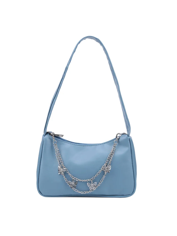 Fashion Women PU Underarm Bag Butterfly Chain Pure Color Mini Purse (Blue)