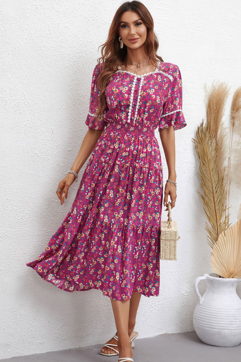 LLYGE Floral Sweetheart Neck Tiered Dress llyge