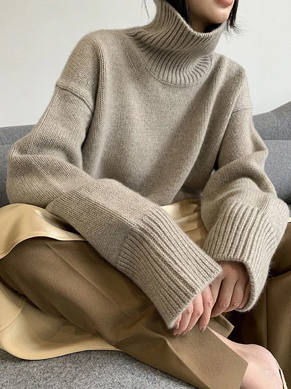 Casual Roomy Long Sleeves Pure Color High-Neck Sweater Tops
