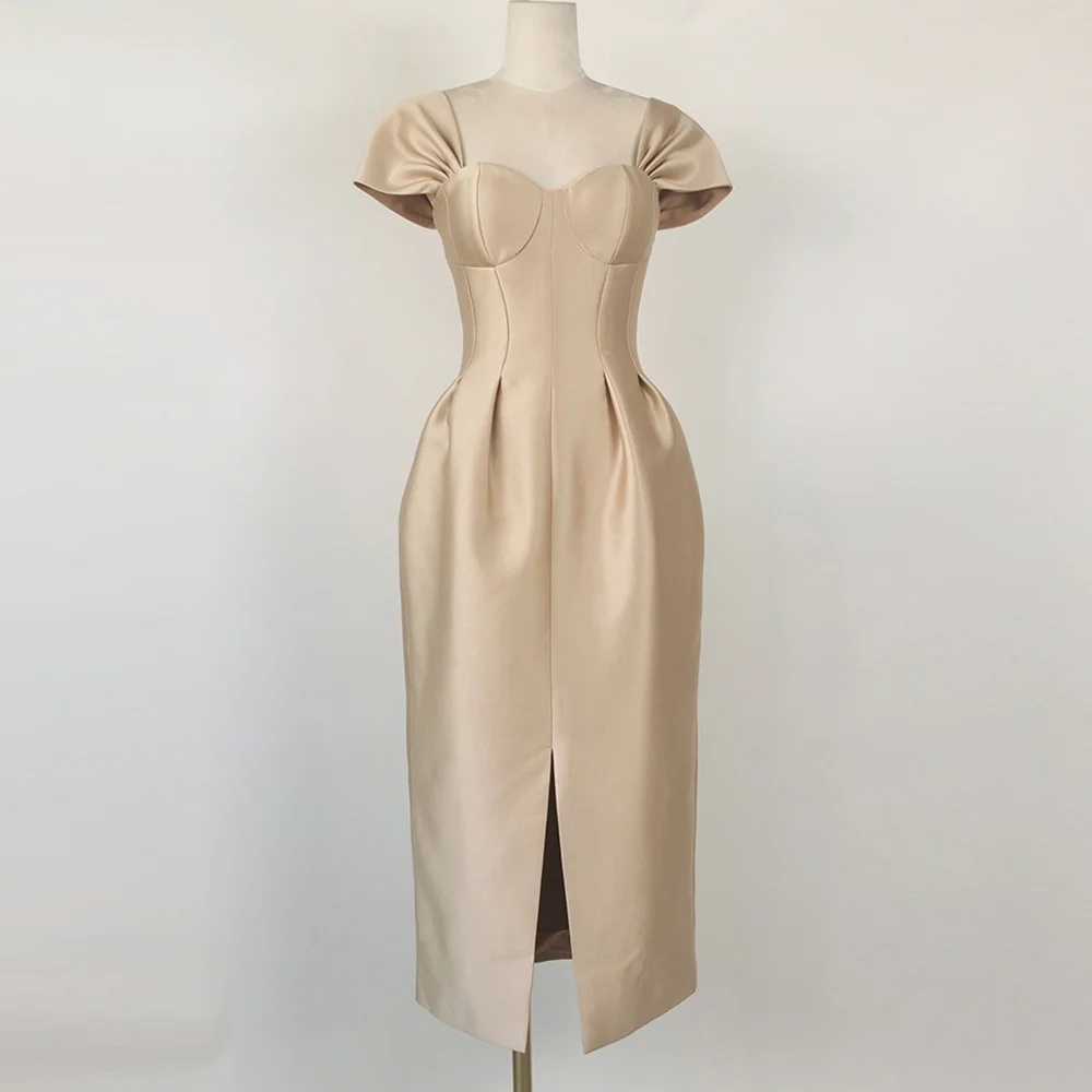 Pongl Elegant Dress For Women Slash Neck Puff Sleeve High Waist Solid Ruched Minimalist Midi Dresses Female Summer 2022