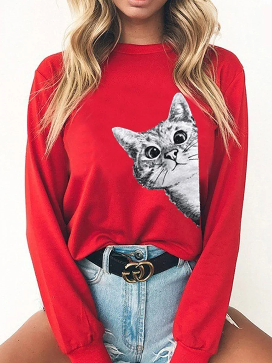 Fashion Cartoon Cat Printing Casual Sweatshirt (Right)