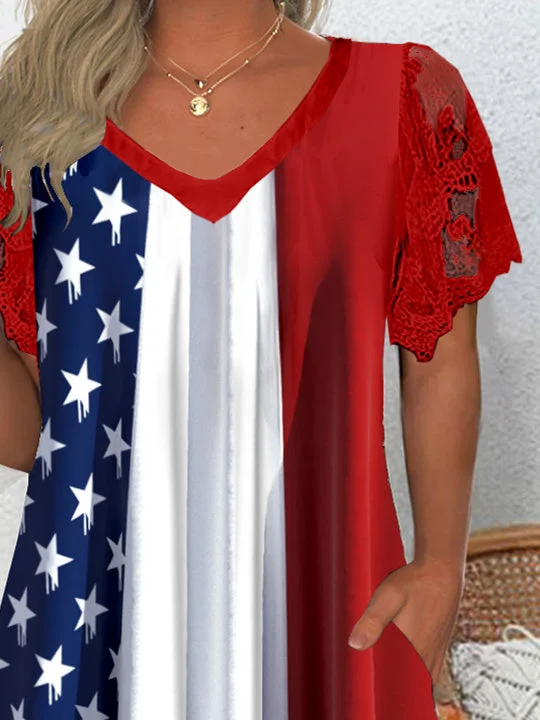 Women Half Sleeve V-neck Solid Color Dress