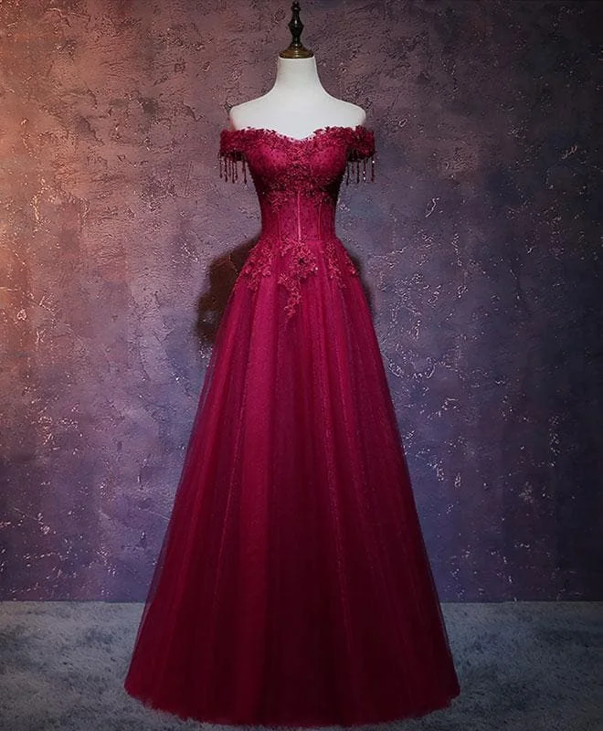Burgundy Tulle Lace Off Shoulder Long Prom Dress Burgundy Lace Evening Dress