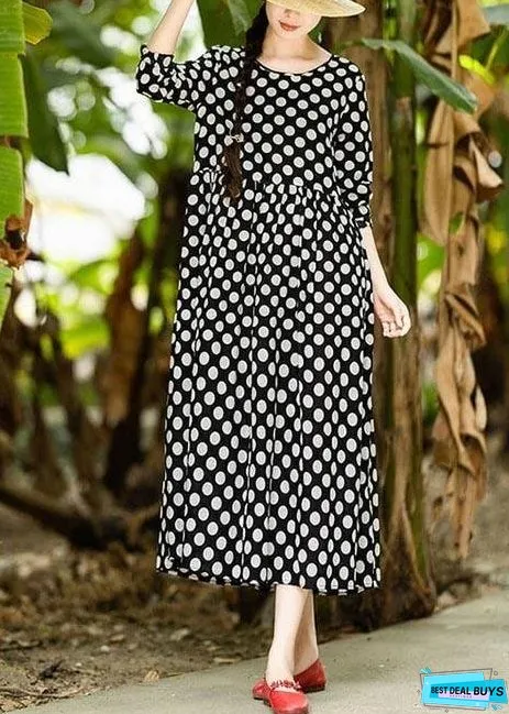 Women Cotton Clothes Plus Size Spring Pleated Long Black Dots Dress ( Limited Stock)