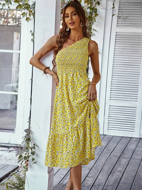 Vacation Sleeveless Floral Printed One-Shoulder Dress