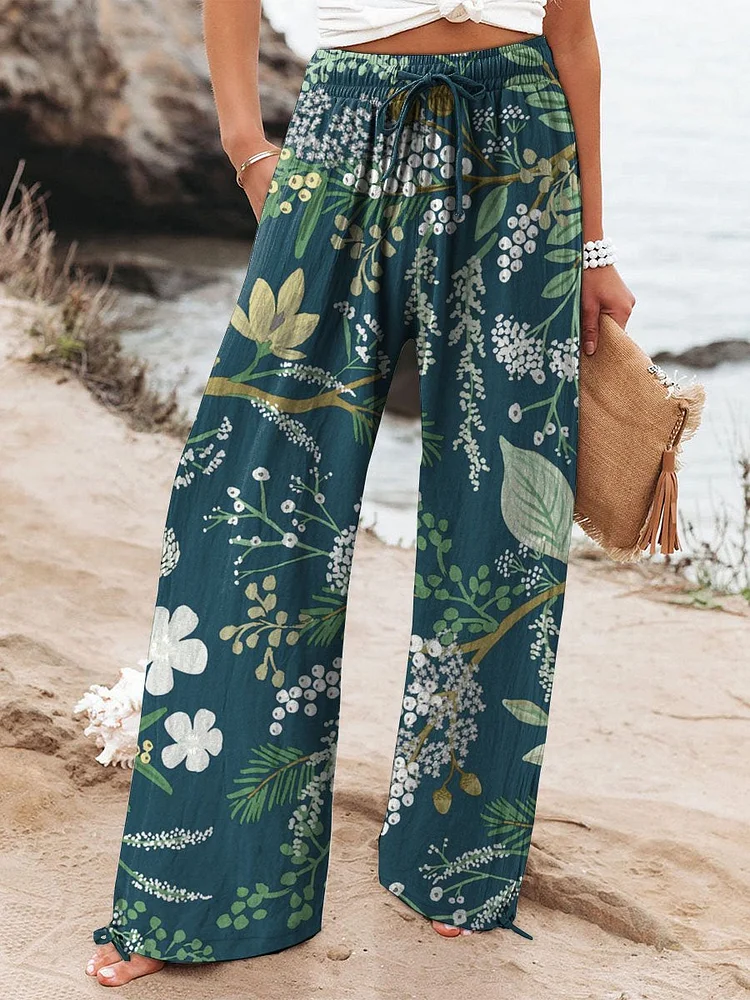 Women's Vintage Floral Art Printed Cotton And Linen Casual Pants