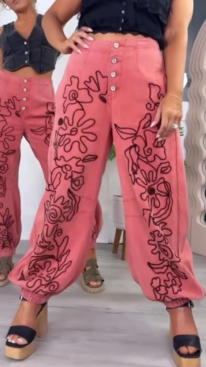 Women's Floral Button Casual Trousers