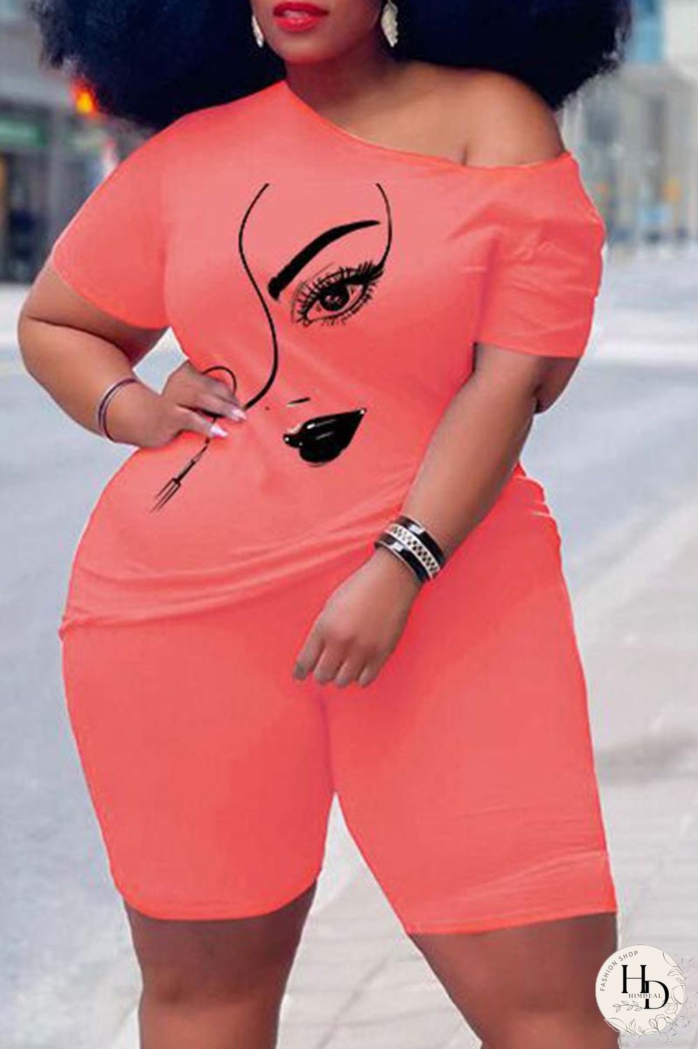 Rose Red Casual Print Basic Oblique Collar Short Sleeve Two Pieces