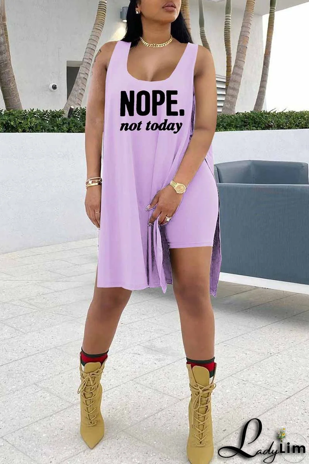 Red Fashion Casual Letter Print Slit U Neck Sleeveless Two Pieces