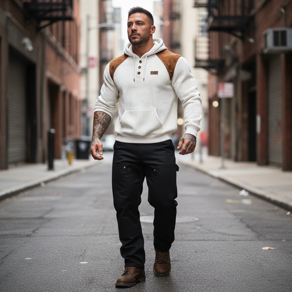 Men's Vintage White Corduroy Suede Button Hoodie