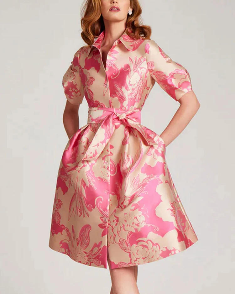 Puff Sleeve Abstract Print Collared Shirt Dress