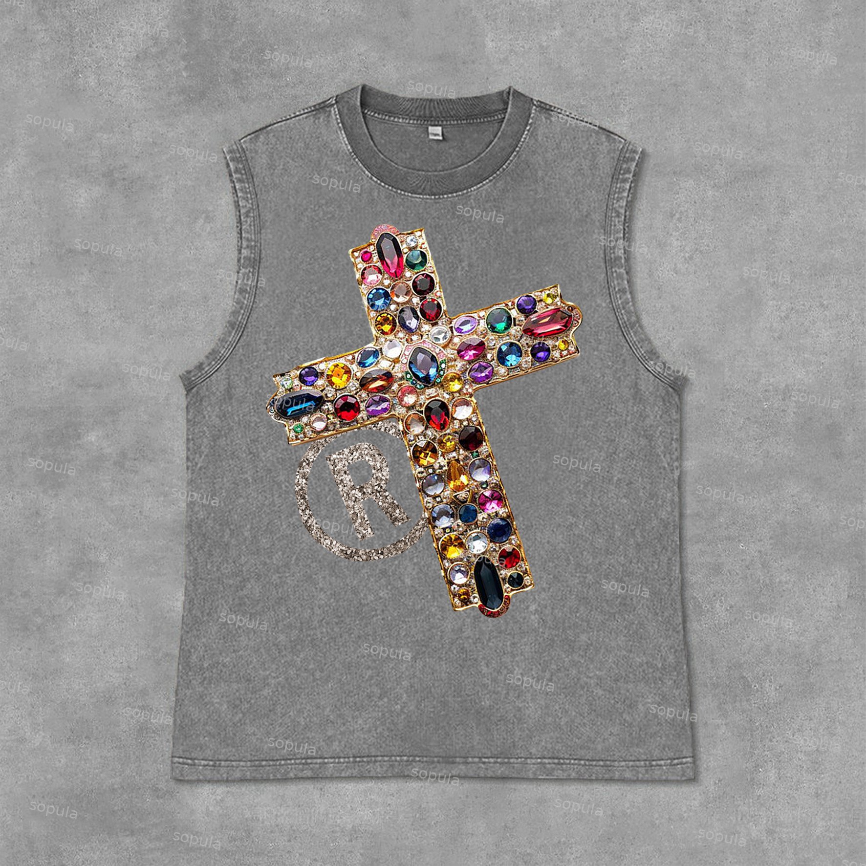 Diamond Cross Graphic Print Casual Acid Washed Sleeveless Tank Top - SOPULA