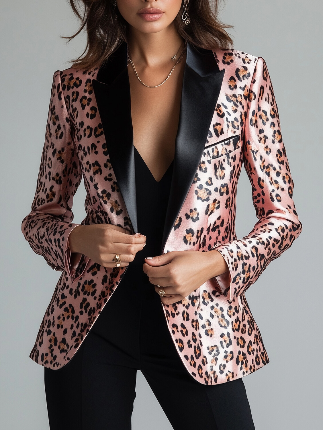 Ursime Satin Leopard Pattern Peak Lapel Button Blazer