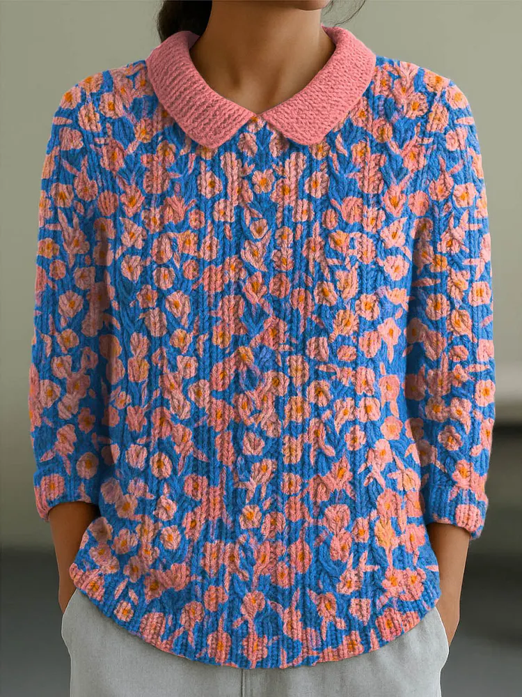 Women's Vintage Floral Art Print Casual Peter Pan Collar 3/4 Sleeve Sweater
