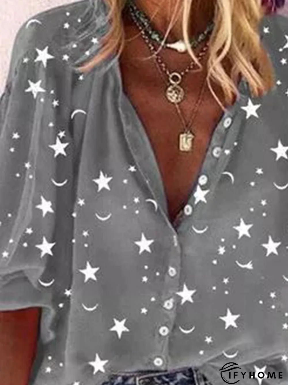 Gray Star&Moon Printed Stand Collar Half Sleeve Casual Shift Top | IFYHOME