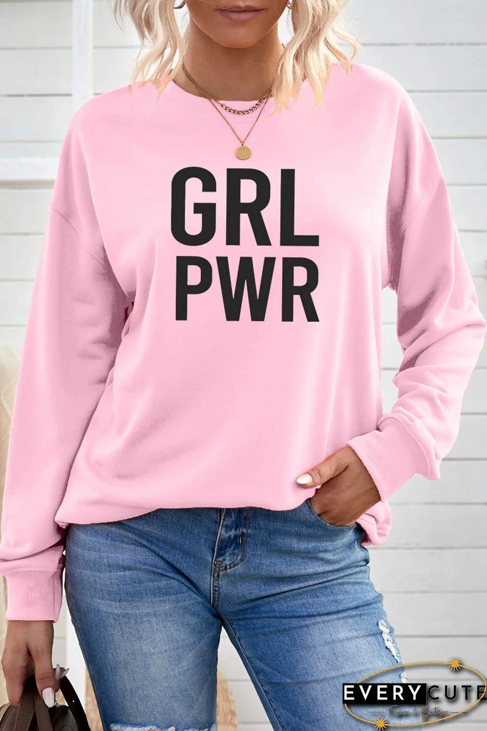 Pink GRLPWR O-neck Long Sleeve Pullover Sweatshirt