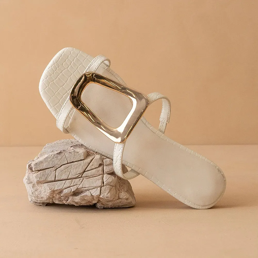 Square Toe Buckle Flat Embossed Slip On White Sandals for Women
