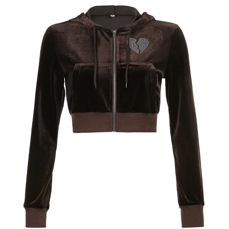 Sweetown Pink Sweet Velvet Y2K Hooded Jackets Diamond Heart Kawaii Hoodies Women Zip Up Long Sleeve Cropped Sweatshirts Autumn