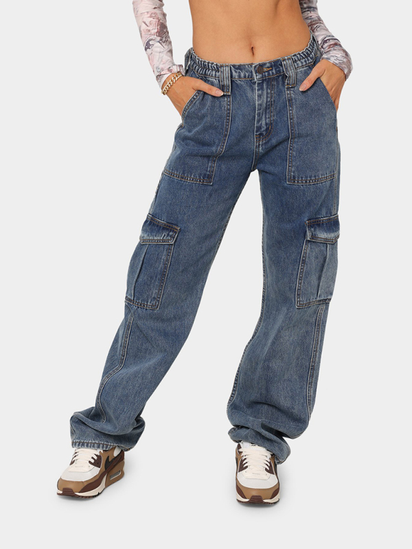 Women's Solid Multi-Pocket Cargo Jeans