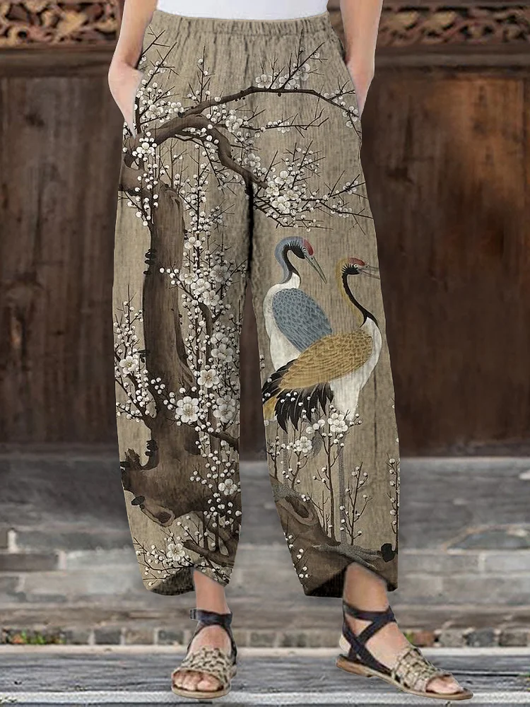 Women's Plum Blossom Crane Art Print Casual Crop Sweatpants