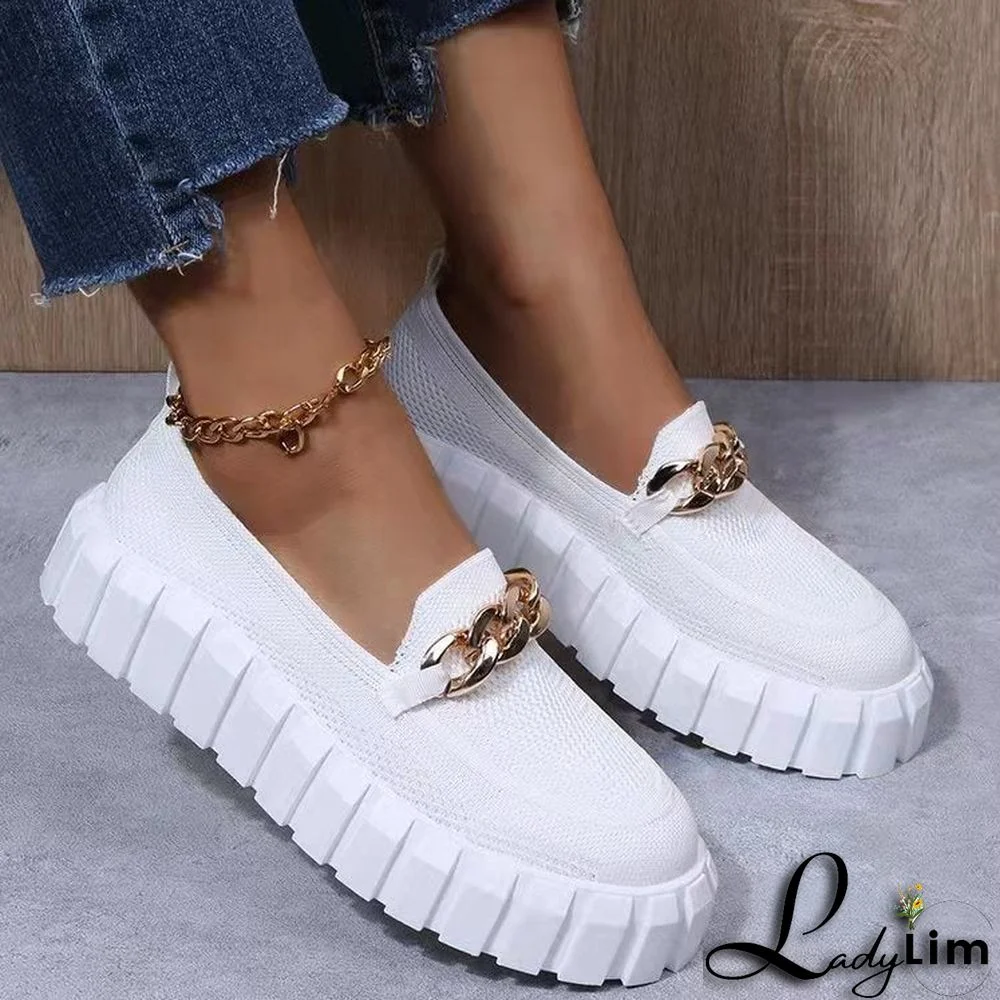 Metal Chain Thick Sole Round Toe Casual Shoes