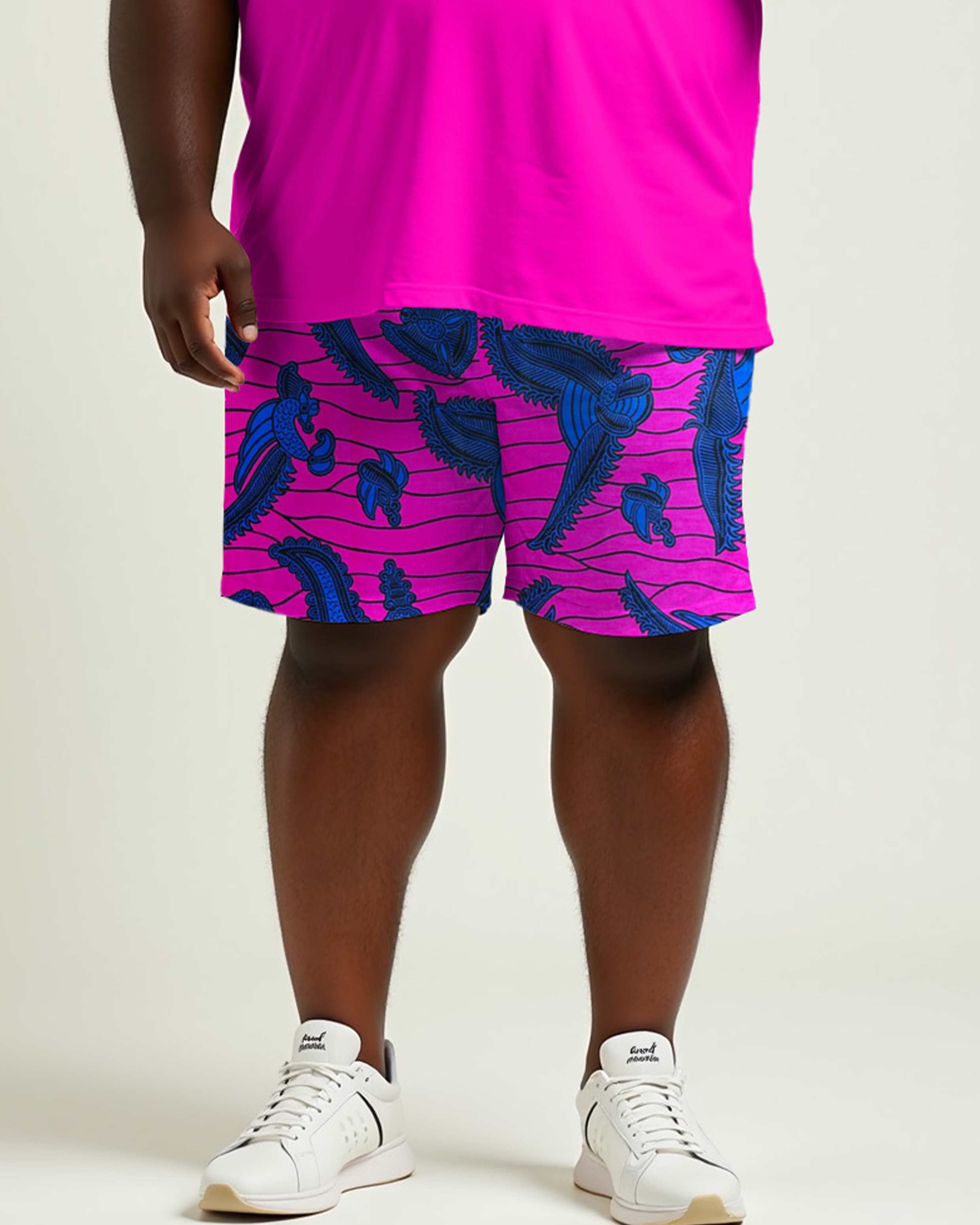 Casual Rose Red Patchwork Printed T-Shirt Shorts Suit Men's Plus Size