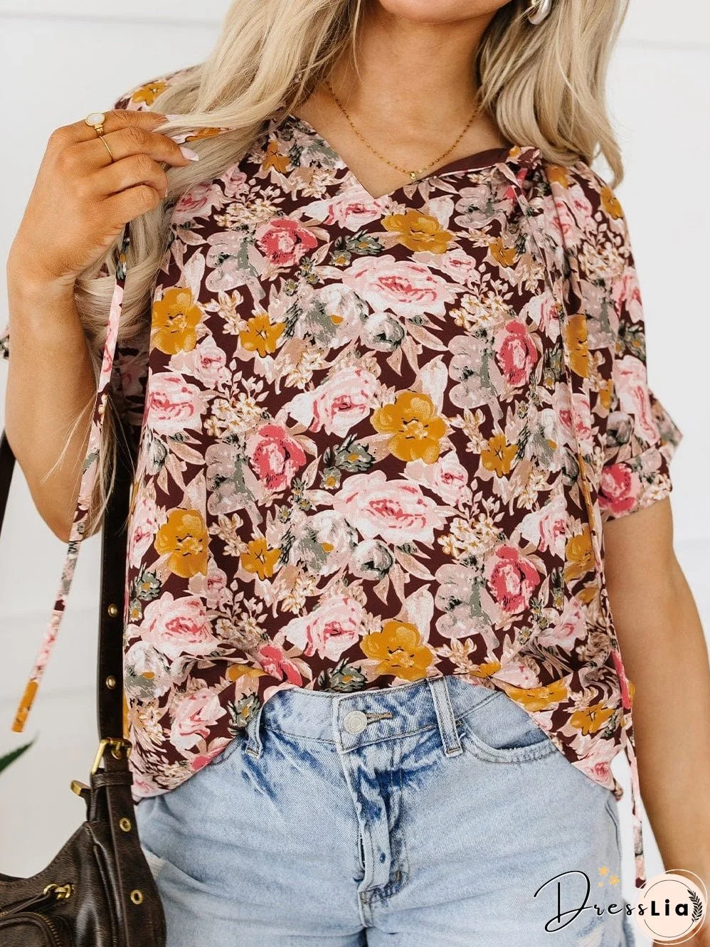 Short Sleeve Floral Blouse with Bubble Hem