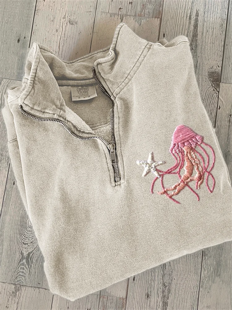 Wearshes Pink Jellyfish & Starfish Embroidery Zip Up Sweatshirt