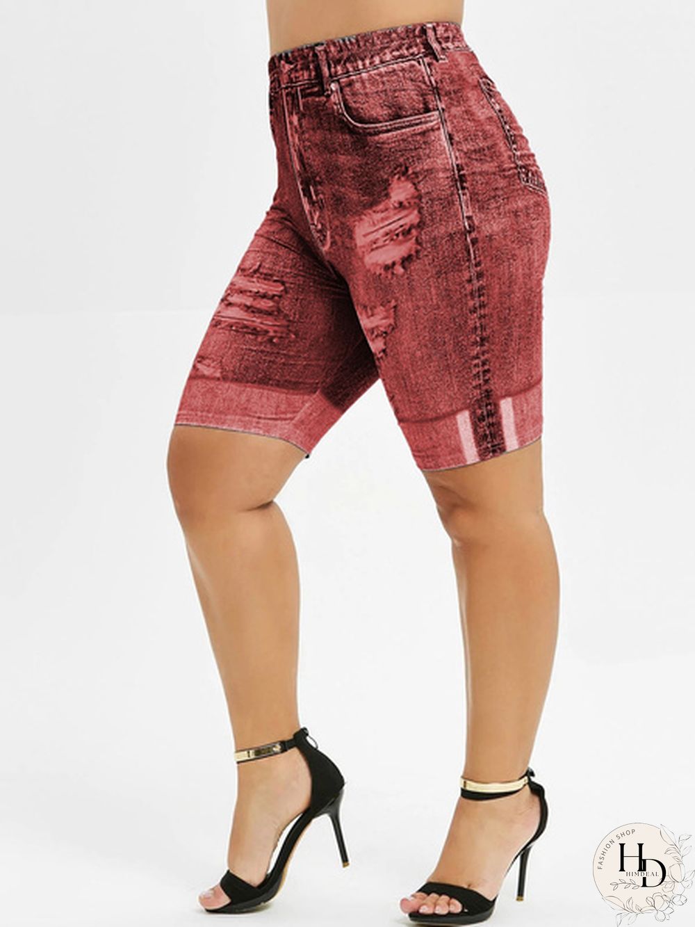 Plus Size Mini Leggings Faux Denim Pants Women Ladies Fashion Shorts Ripped Skinny Jean