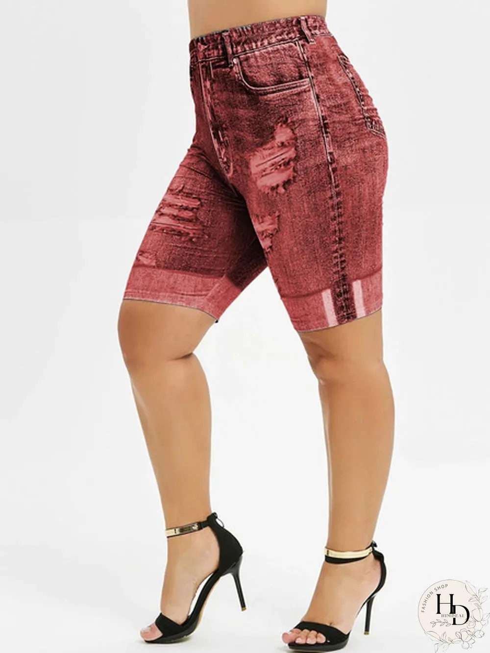 Plus Size Mini Leggings Faux Denim Pants Women Ladies Fashion Shorts Ripped Skinny Jean
