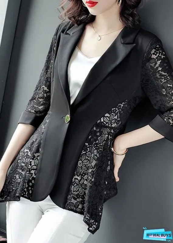 Stylish Black Notched Collar Lace Patchwork Hollow Out Spandex Coats Summer