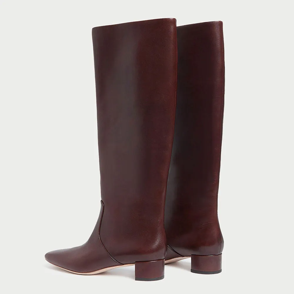 Women's Closed Square Toe Pull On Knee High Heeled Boots in Maroon