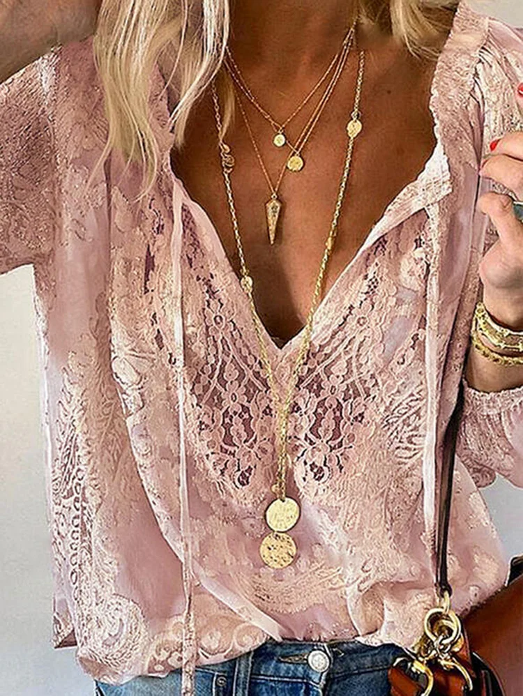 Casual Floral Lace V Neck Drawstring Long Sleeve Blouse