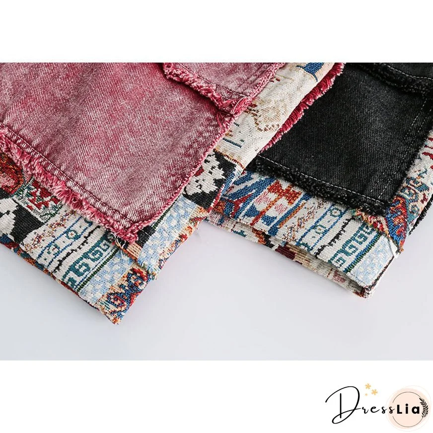 Ethnic Style Denim Patchwork Drawstring Shorts