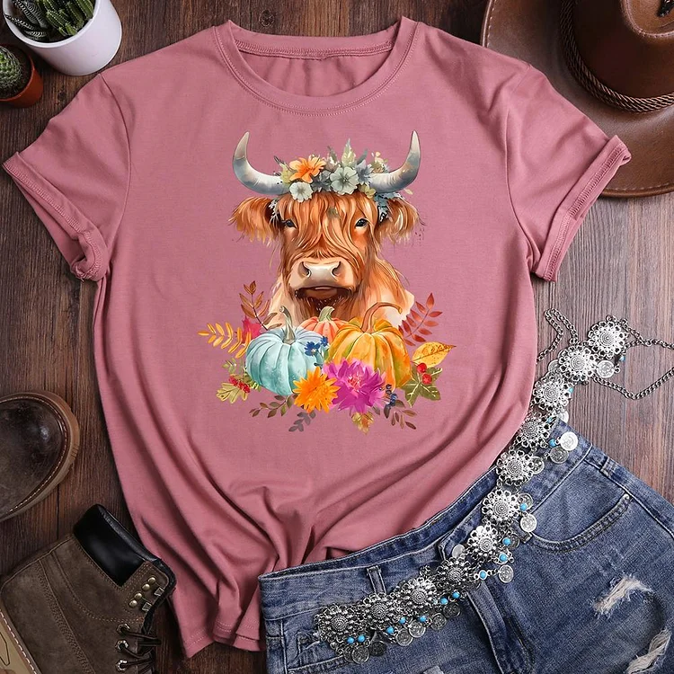 Cow and flowers Round Neck T-shirt-0020917