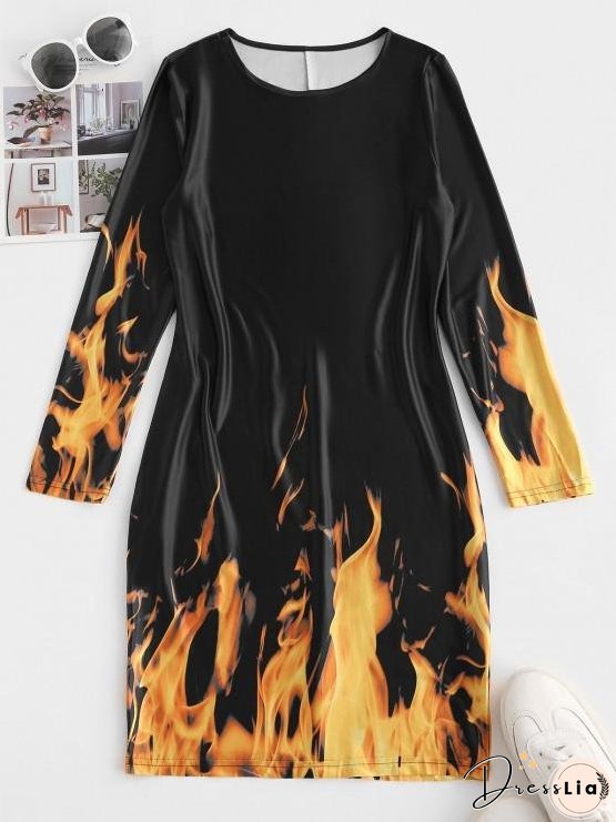 Long Sleeve Hot Flame Print Mini Dress