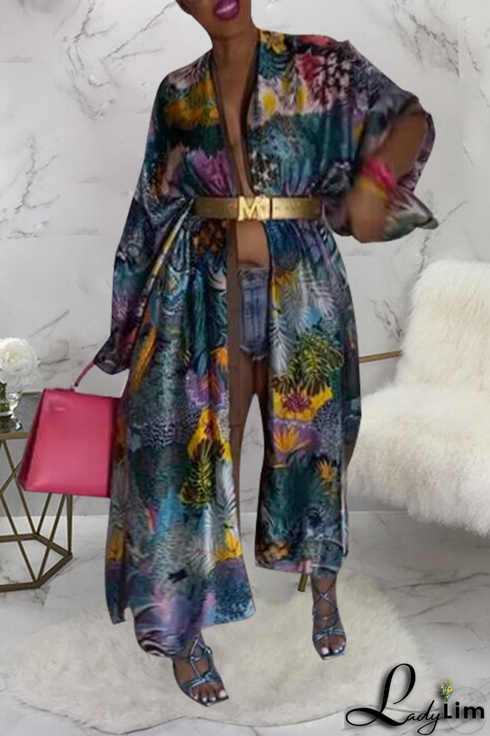 Black Fashion Print Patchwork Cardigan Collar Outerwear(Without belt)