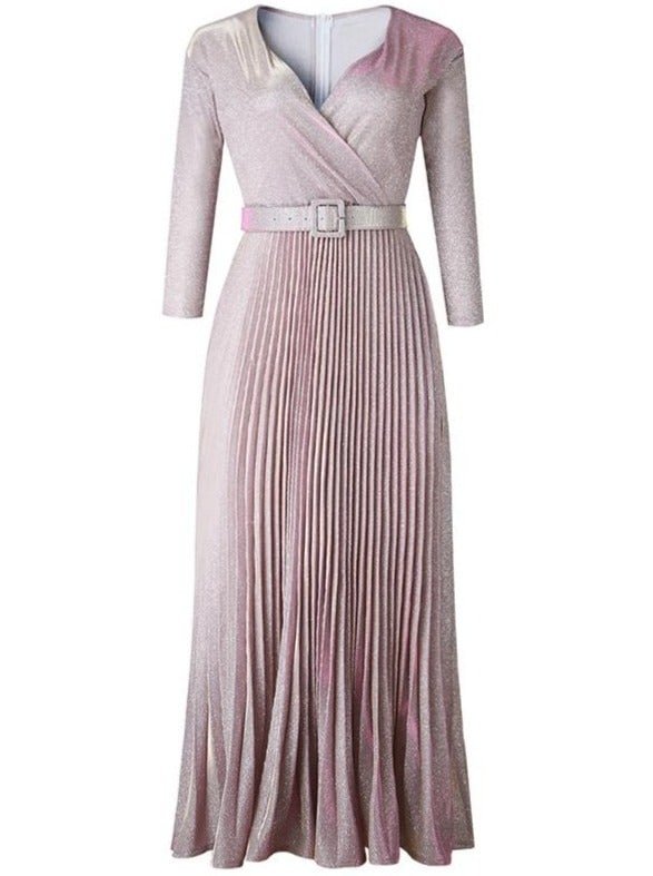 Reflective Long Dress Pleated Deep V Neck High Waist Belt Glitter Maxi Dress