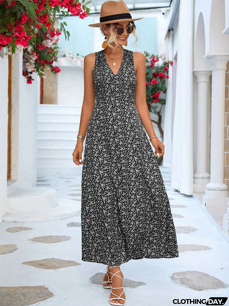 Printed Open Back Sleeveless Maxi Dress