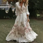 Women's Retro Pink Rose Embroidered Art V-neck Long Sleeve Midi Dress - Image 2